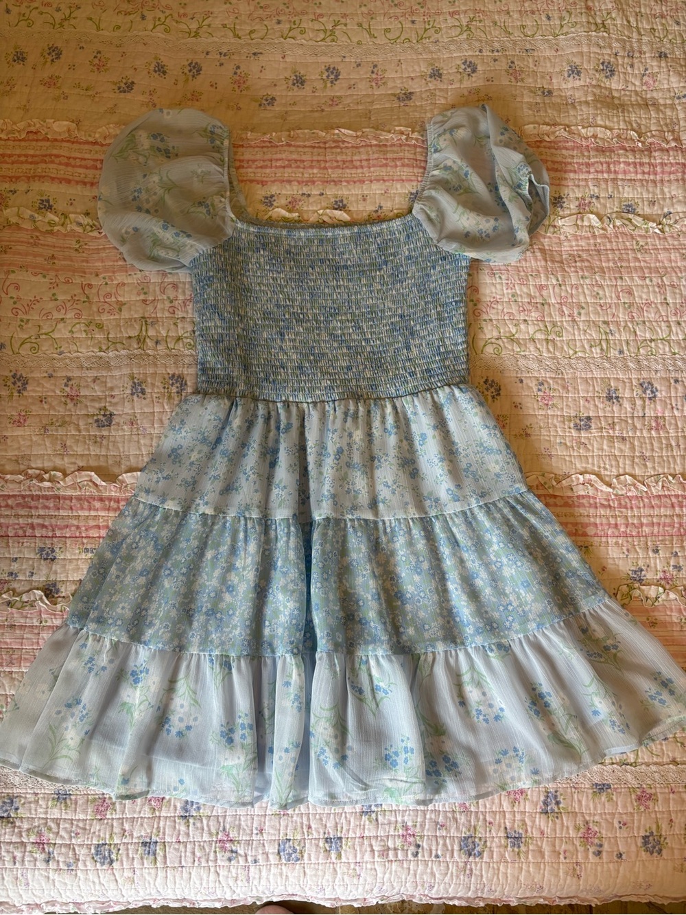 Altar'd State Light Blue Floral Puff-Sleeve Tiered Mini Dress